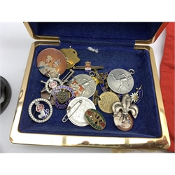 Part set of six gilt metal buttons by Firmin & Sons with lion and shell crest, boxed, collection of various enamel and other badges and pins and two small plated challenge cups