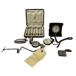 Victorian open faced pocket watch in silver case London 1881, engraved silver purse Birmingham 1916, set of six silver bead knop coffee spoons in Asprey case, and other items