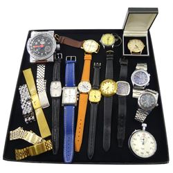 Heuer chrome stopwatch and a collection of wristwatches including Droz 25 jewels , Tegrov, Roamer, Oris, Cyma and Favre-Leuba
