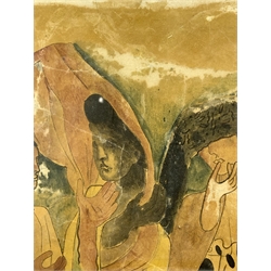The Three Graces, mid 20th century tempera? on paper indistinctly signed in pencil 52cm x 35cm