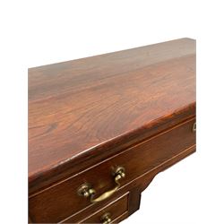 Georgian elm lowboy, the rectangular top over one long and two short drawers, raised on square support 
