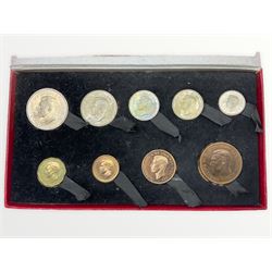 King George VI 1950 nine coin set, from three pence to half crown, housed in The Royal Mint red card case