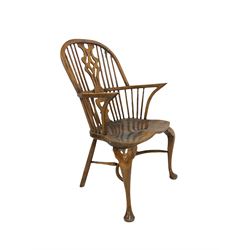 Elm and ash Windsor armchair, hoop and stick back with pierced splat, dish saddle type seat on cabriole supports joined by crinoline stretcher