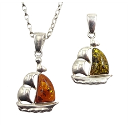 Silver amber boat pendant necklace, one other green amber boat pendant, amber pendant and silver stone set bracelet, all stamped 925 (4)