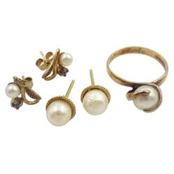 Pair of 18ct gold single stone pearl stud earrings, 9ct gold pearl ring and a pair of pearl and sapphire stud earrings