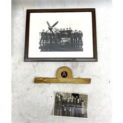 Wooden box with Fleet Air Arm crest, two Fleet Air Arm wings, photograph of Fleet Air Arm prisoners of war in Oflag IXA, Spangenberg Castle, one other photograph and a sleeve rank band