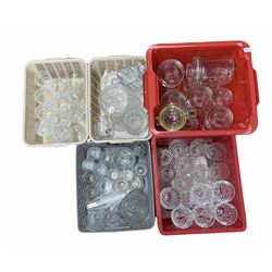 Quantity of glassware including cut glass wine glasses, biscuit barrel, various storage jars etc in five boxes