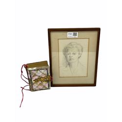 Unsigned head and shoulders pencil portrait of a lady and a small Victorian photograph album in mother of pearl covers