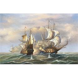J Harvey (British 20th century): Man o' War Naval Battle, oil on canvas signed 60cm x 90cm
