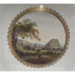 Late 18th century Derby plate painted with a centre landscape panel and titled to the base 'Edinburgh Castle & part of the New Town.  From the West' and with a trailing floral border pattern from the Albert and Rose Laine collection, blue mark and numbered 178 D24cm