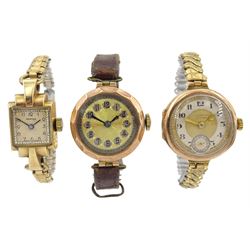 J W Benson 9ct gold manual wind wristwatch, Glasgow import marks 1926 and two other 9ct gold wristwatches, hallmarked, all on gilt/leather straps