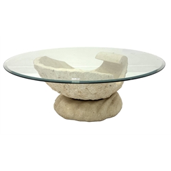 'Hollywood regency' retro oyster shell shape coffee table, circular bevel edged glass top raised on a simulated travertine base, D114cm, H45cm
