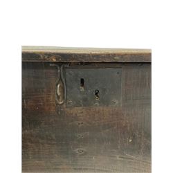 18th century and later oak coffer, the lifting top reviling a plain interior with a division, raised on panel end supports (W121cm, H53cm, D35cm 