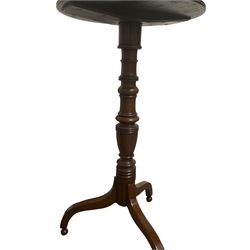 George III mahogany circular tripod table on high turned support, ball feet