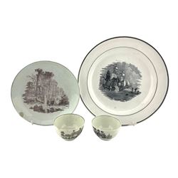 19th century transfer printed plate depicting a Maritime scene, titled 'Frigate Setting Sale', pair of 18th century Worcester tea bowls transfer printed in the 'Tea Party' pattern etc  
