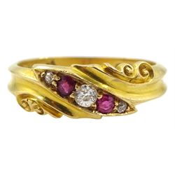 Victorian 18ct gold five stone diamond and ruby ring, marquis set with scroll design shoulders, maker's mark H&S, Birmingham 1898