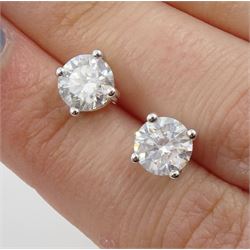 Pair of 18ct white gold round brilliant cut diamond stud earrings, stamped 750, total diamond weight 2.35 carat, with World Gemological Institute Report
