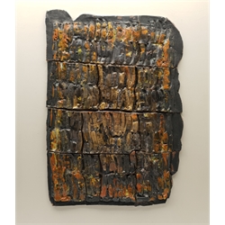 Russell Platt (British 1920-2015): Abstract in Gold and Grey, ceramic mixed media sculpture unsigned 67cm x 47cm mounted onto a painted wooden backboard 84cm x 84cm overall