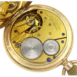 American gold-plated full hunter lever pocket watch by Waltham, No. 7660596, white enamel dial with Roman numerals and subsidiary seconds dial