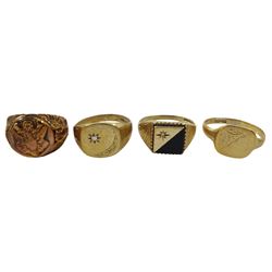Gold black onyx and diamond chip signet ring and three other signet rings, all 9ct hallmarked or tested