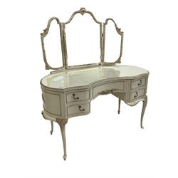 French style cream painted kidney shaped dressing table, with three swing mirrors, five drawers, gilt detail, raised on slender supports W127cm