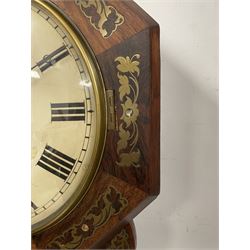 Single Fusee 8-day wall clock in a Mahogany case with a 17” Hexagonal wooden dial surround retailed by the 19th century Schwerer family of York clockmakers, dial inscribed “Schwerer, 38 Stonegate, York” drop dial case profusely inlaid with brass decoration and curved pendulum viewing lenticle, 12” painted dial with Roman numerals, minute track and finely pierced moon hands.
The Schwerer Family of German clockmakers consisted of three brothers, Philip, Peter, and Mathew who came to York in 1834 and traded from both Stonegate and Petergate at various dates during the early to mid-19th century.


