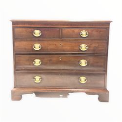 George III mahogany chest, the cross banded and boxwood strung top over two short and three long graduated cock beaded drawers, raised on bracket supports W95cm, H79cm, D51cm