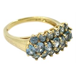 9ct gold pear and round blue topaz three row ring, hallmarked 