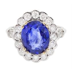 18ct white gold oval cut sapphire and round brilliant cut diamond cluster ring, sapphire approx 3.05 carat