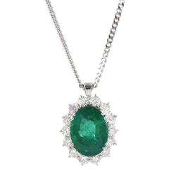 18ct white gold Zambian emerald and diamond cluster pendant necklace, hallmarked, emerald approx 4.45 carat, total diamond weight approx 0.75 carat