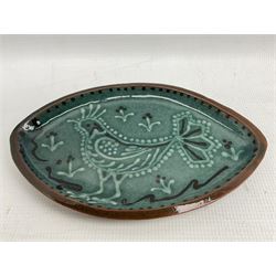 Agnete Hoy (1914-2000): Bullers studio pottery celadon glazed bowl, the interior with incised decoration depicting a Mermaid, D28.5cm, Diana Barraclo Nic Harrisough relief tile decorated with Seagulls and a Claire Byrne slipware dish (3)