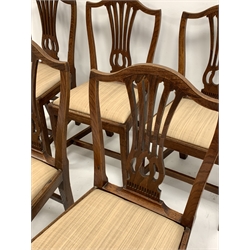 Set six 19th century elm dining chairs, shaped cresting rail over pierced vase shaped splats, upholstered drop in seats