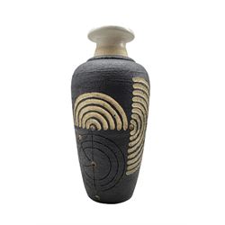 Patrick Oates (Irish 1948-): carved and incised stoneware vase with slightly flared rim, impressed marks H32cm 