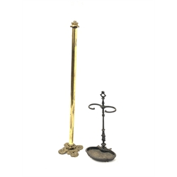 20th century brass standard lamp, with leaf moulded capitol and base, (H136cm) together with a Victorian cast iron stick stand, 
