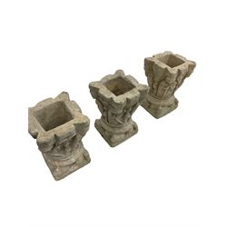 Set three reconstituted garden planters with carvings of mythical creatures 