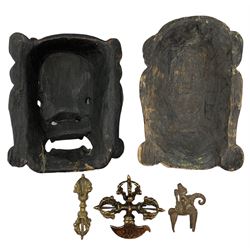 Tibetan bronze five pronged vajra, Dorje, Tibetan ceremonial vajra, small bronze war elephant H6cm, Tibetan mask and another (5)
