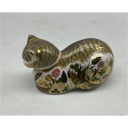 Four Royal Crown Derby paperweights comprising a Robin, Cottage Garden Cat, Hawthorn Hedgehog and Green Winged Teal