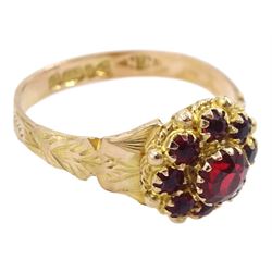 Early 20th century 9ct gold garnet cluster ring, the shank with engraved decoration, Chester 1919