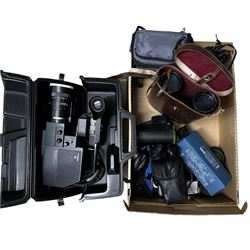 Pair of Meopta binoculars, Trinicon Video Camera, various lenses etc in one box