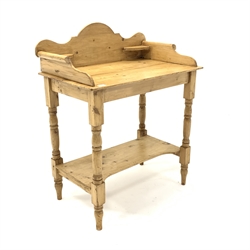 Victorian stripped pine wash stand, with three quarter galleried top raised on turned supports united by under tier, W76cm