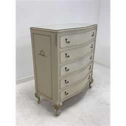 French style cream painted serpentine front five height chest with gilt detail, raised on acanthus carved cabriole supports W92cm, H108cm, D49cm