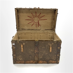 Early 20th century American steamer trunk, leather and metal bound, with scraps of old paper labels, W96cm