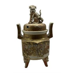 Large Japanese Meiji Satsuma Koro and cover, the hexagonal form body painted in polychrome enamels with figures in an interior setting, on three splayed supports, H47cm 