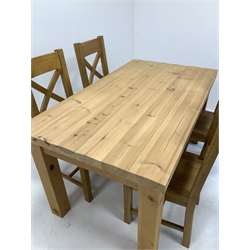Contemporary solid pine rectangular dining table (153cm x 88cm, H79cm) together with a set of four contemporary solid oak chairs, 