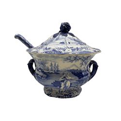 19th century Brameld blue and white transfer printed soup tureen with ladle decorated in the 'Castle of Rochefort' pattern L31cm 