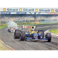 Robert Parkin (British, 20th/21st century): 'Mansell at Silverstone 1992' watercolour of Formula 1 scene, signed, titled verso 22cm x 29cm