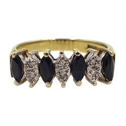 9ct gold diamond and sapphire marquise shaped ring, hallmarked