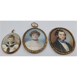 English School (19th century): Portrait of a Lady and Gentleman, two watercolour and bodycolour miniatures on ivory unsigned (one a/f) 6cm x 5cm, and a further early 20th century double-sided miniature of children 4.5cm x 3.5cm (3)