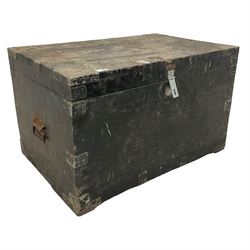 Early 20th century painted beech horse tack chest, rectangular hinged lid enclosing brush box and saddle hanger, black finish, with stirrups, bits and riding crops 