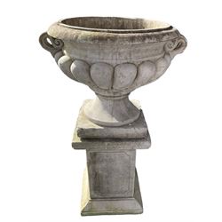 Large stone urn on plinth, the cavetto edge over gadrooned body with twin handles